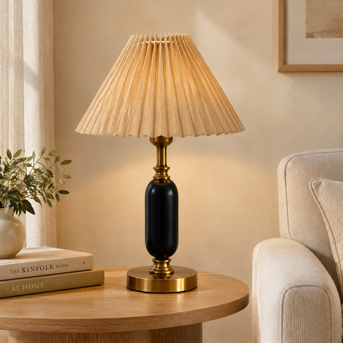French Pleated Shade Table Lamp Khaki Pleated Black Base Hero