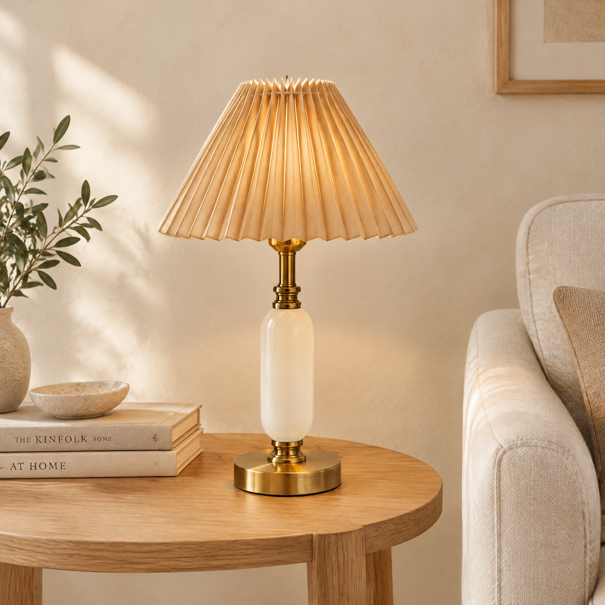 French Pleated Shade Table Lamp Khaki Pleated White Base Hero