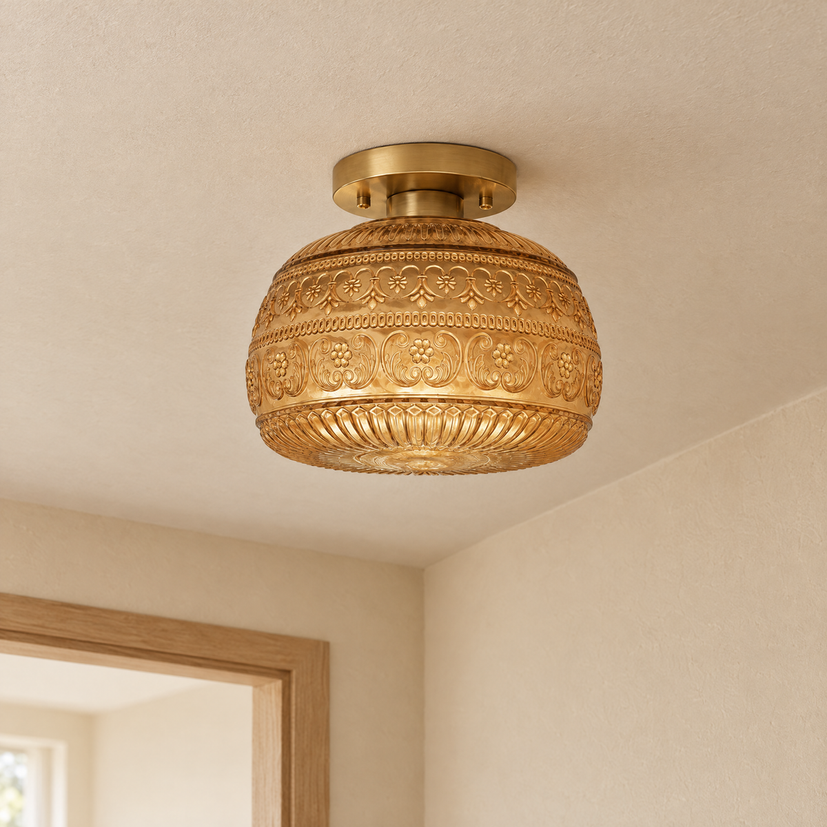 Vintage Pressed Glass Ceiling Light in Amber