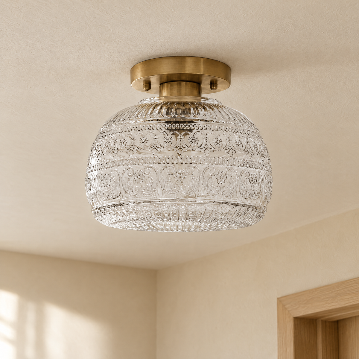 Vintage Pressed Glass Ceiling Light in Clear
