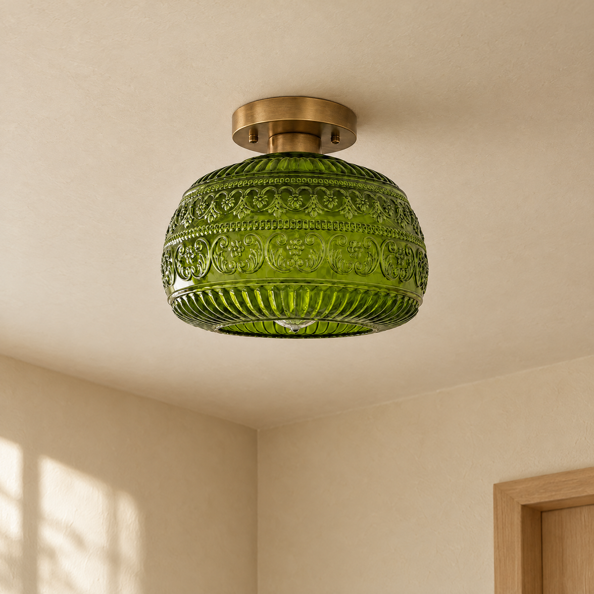 Vintage Pressed Glass Ceiling Light in Green