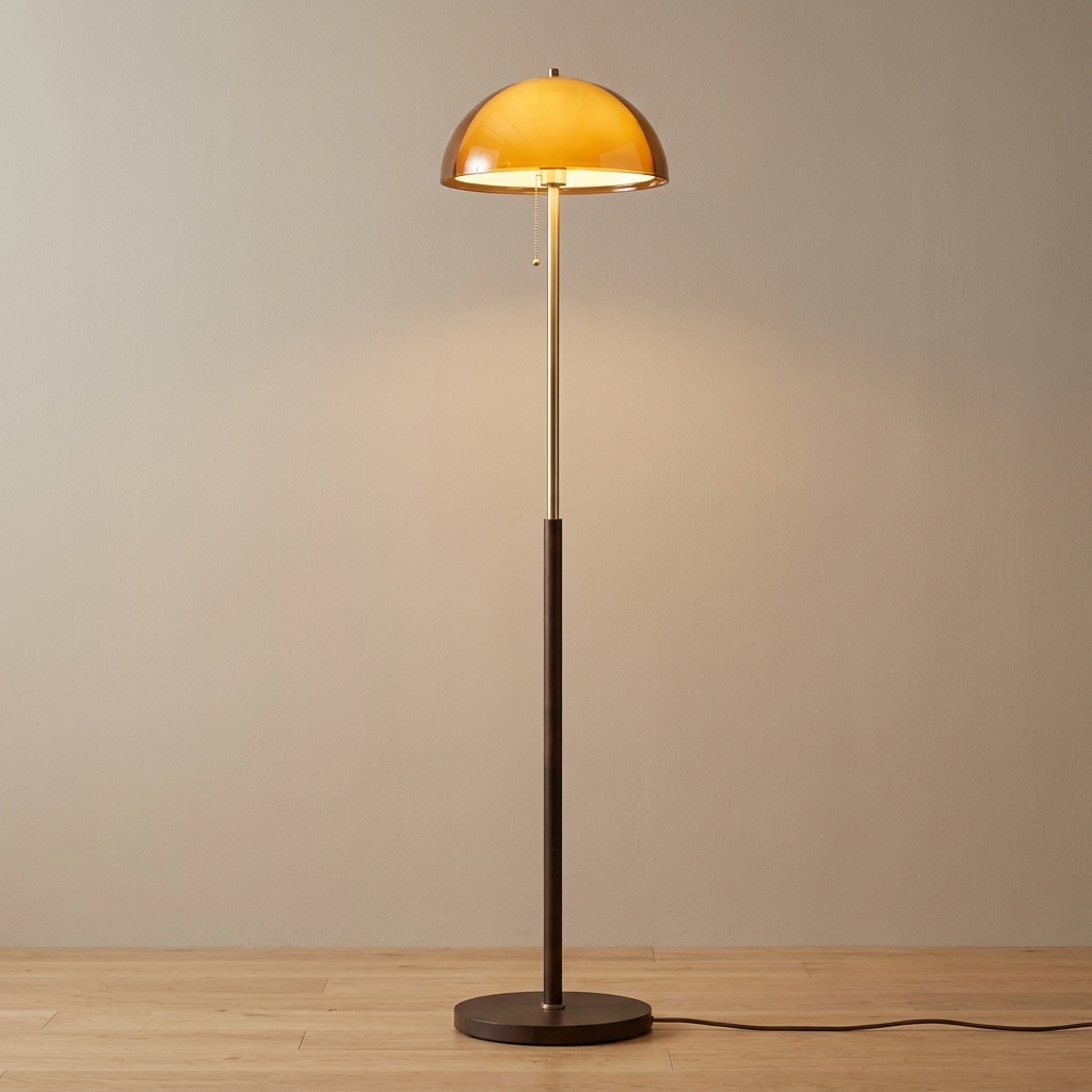 Orange dome pull chain floor lamp with chrome pole and wood base - hero