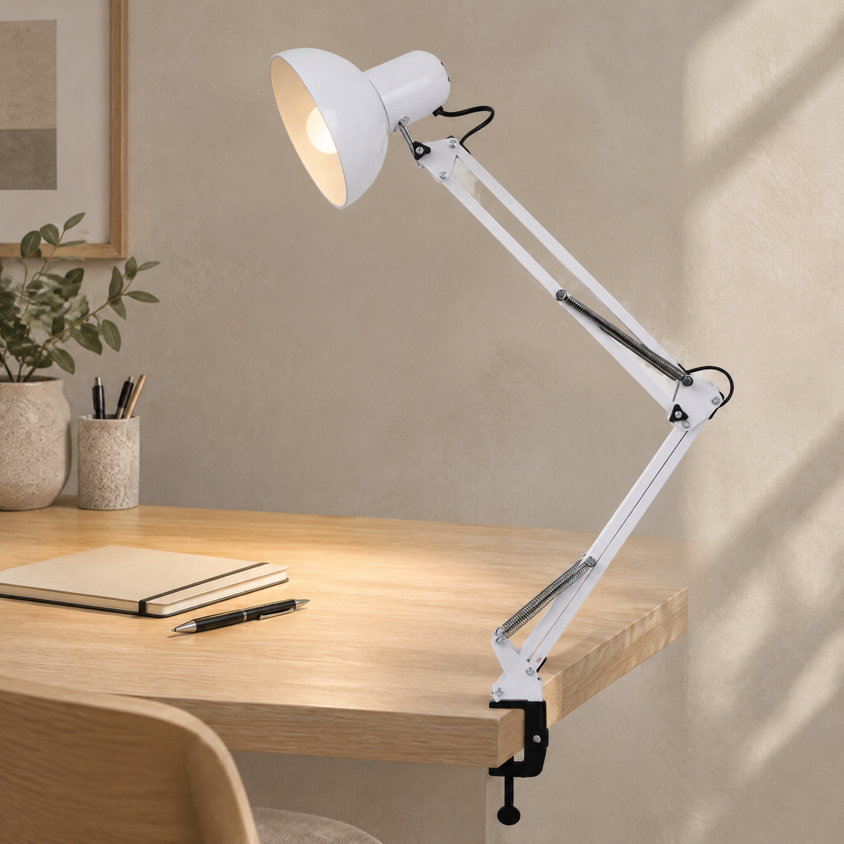 Retractable Clip Arm Table Lamp White Hero