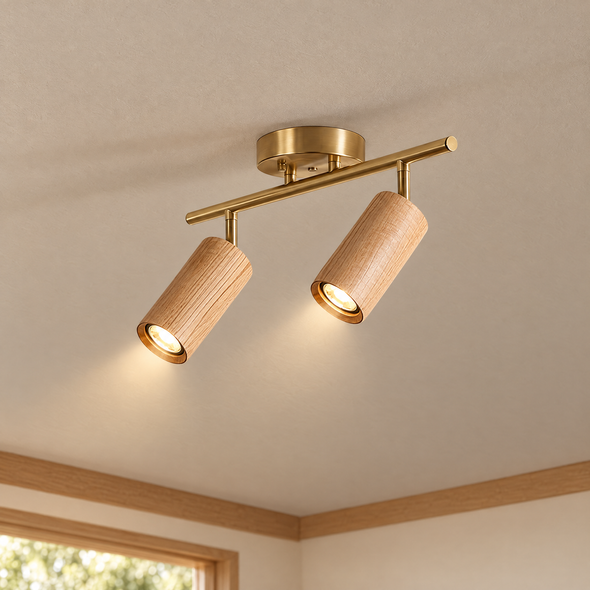 Thio Wooden Track Light - 2 heads - Gold & Wood - Lapa Living Hero