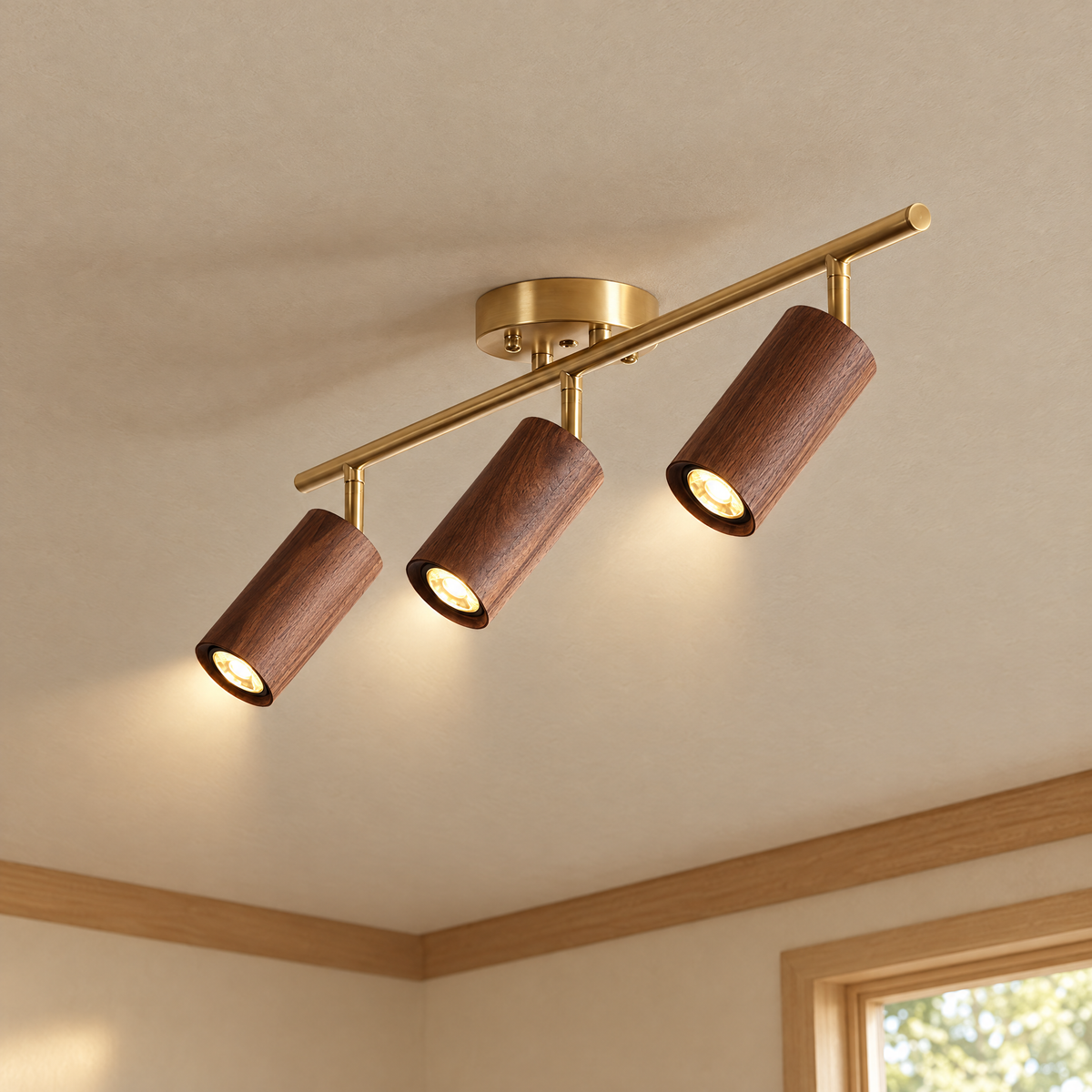 Thio Wooden Track Light - 3 heads - Gold & Walnut - Lapa Living Hero