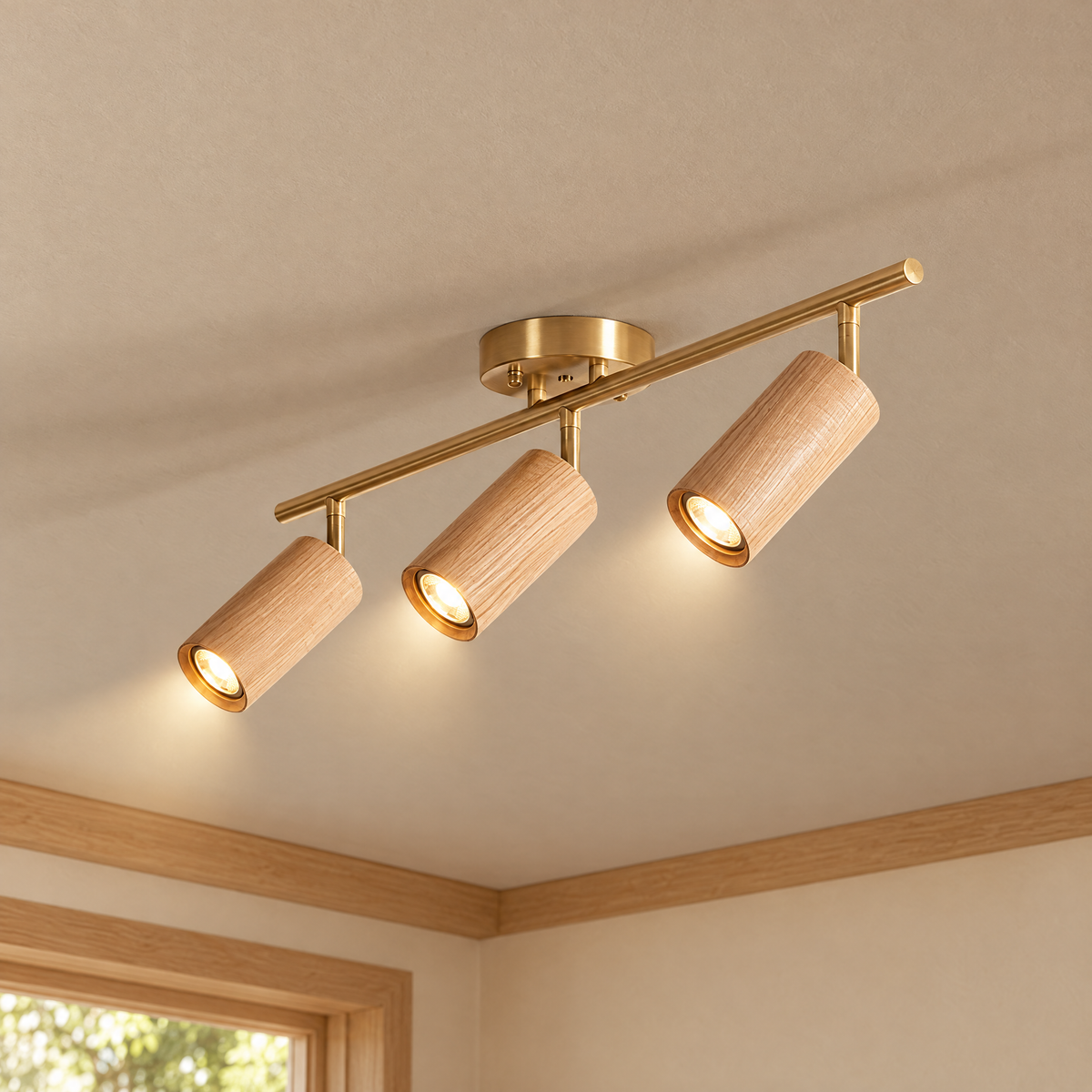 Thio Wooden Track Light - 3 heads - Gold & Wood - Lapa Living Hero