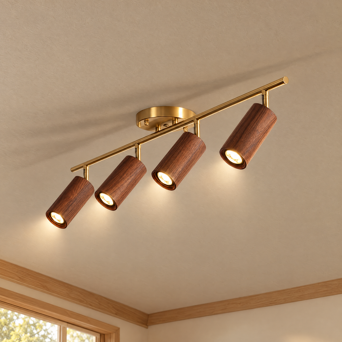 Thio Wooden Track Light - 4 heads - Gold & Walnut - Lapa Living Hero